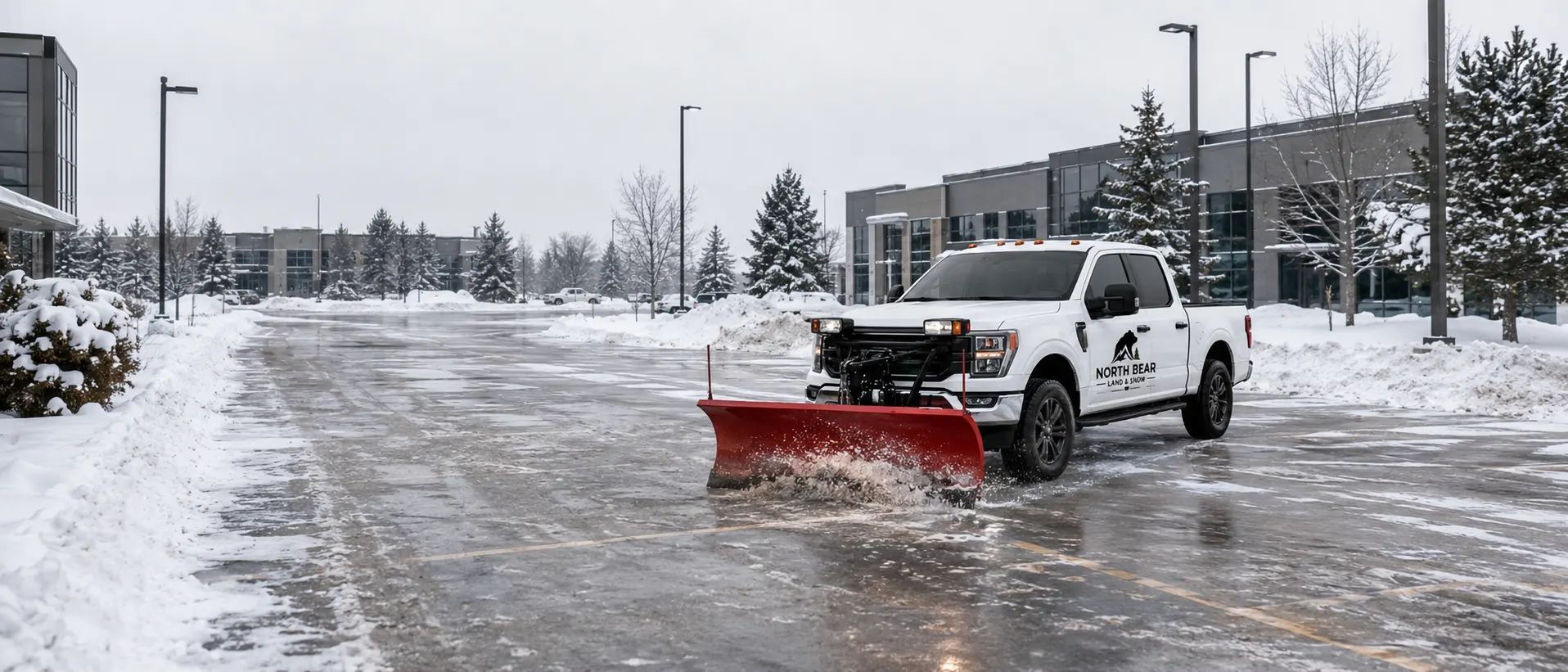 Plow trucks clearing a plaza parking lot after an overnight snowfall