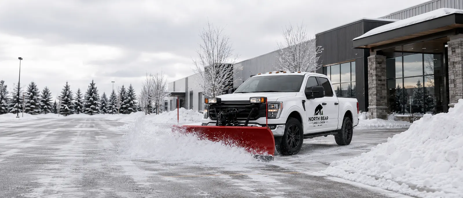 Commercial parking lot cleared of snow with equipment working at a business site