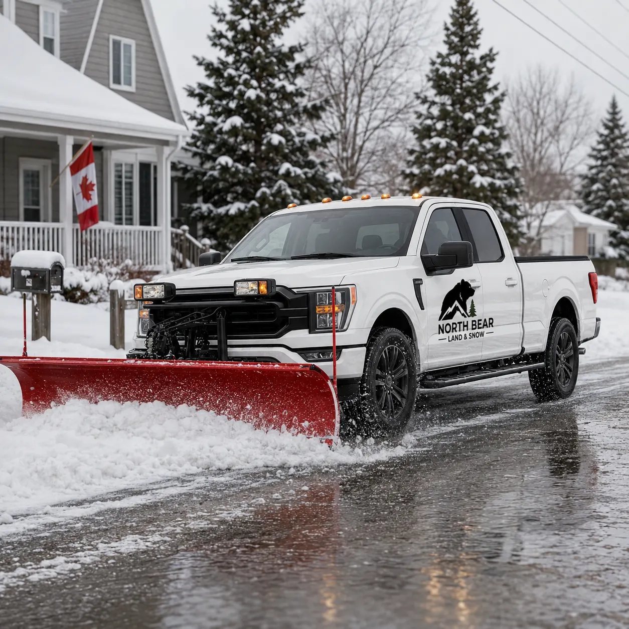 North Bear Land and Snow truck with a Canadian flag, locally owned company